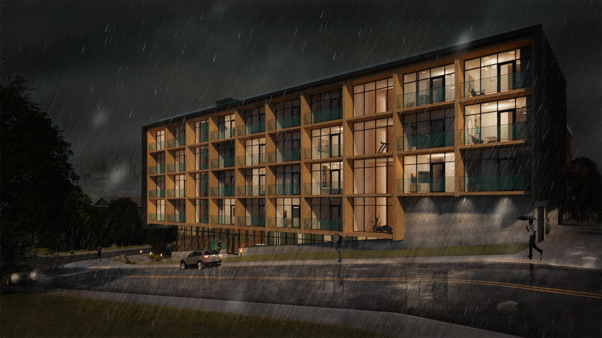 The Thirty-exterior on a rainy night render.