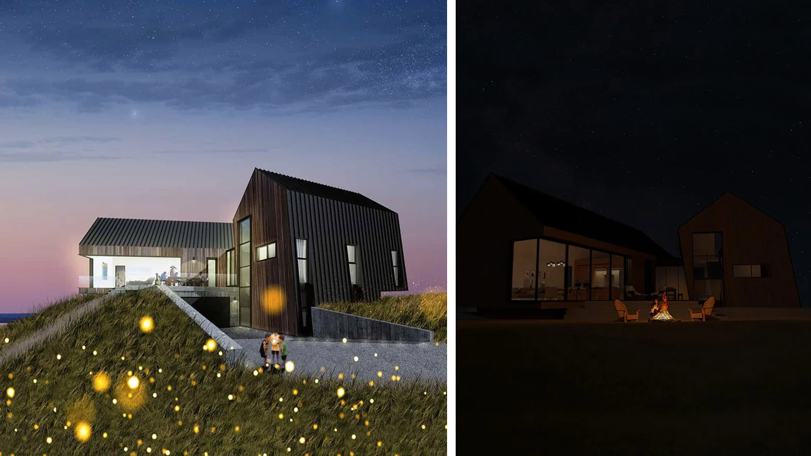 Exterior views of Jackfish cabin at twilight and during the night.