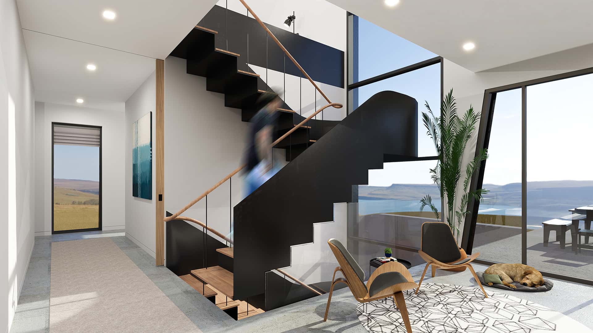 Interior stairs of Jackfish cabin.