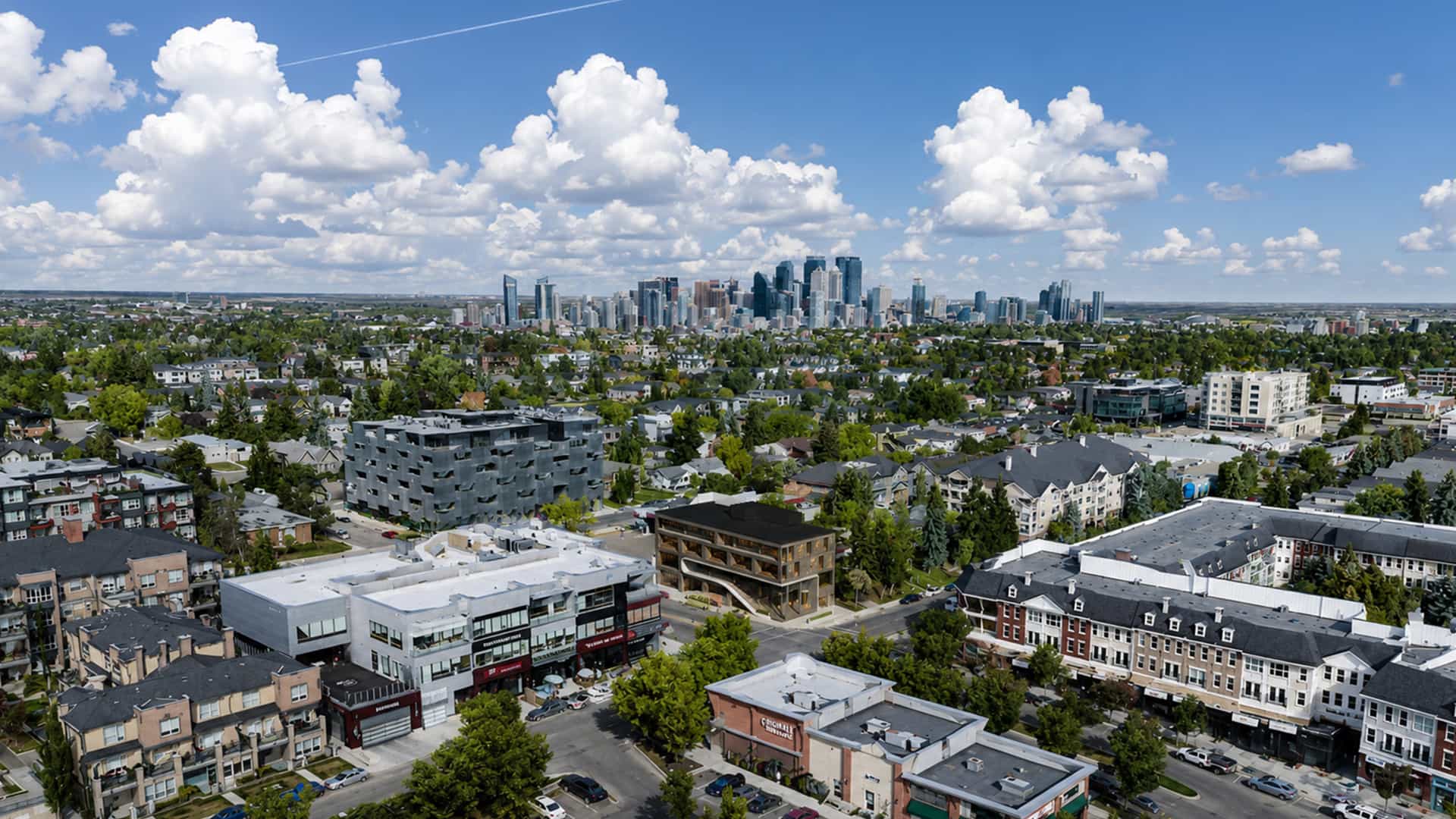 Aerial view of The Loop with downtown Calgary in the background.