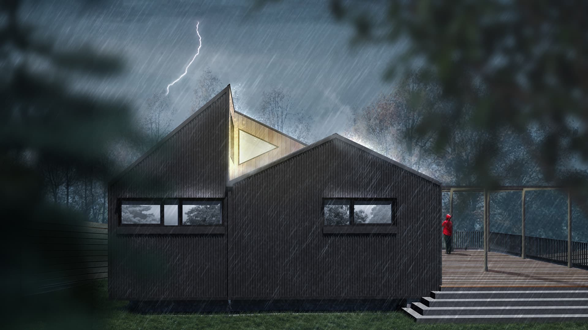 Rear exterior of Mar House during thunderstorm.